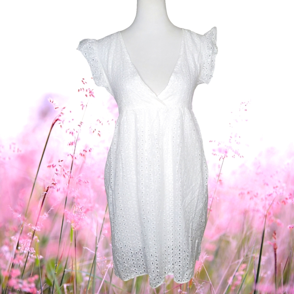 White Cotton Eyelet Ruffle Cap Sleeve Babydoll Dress